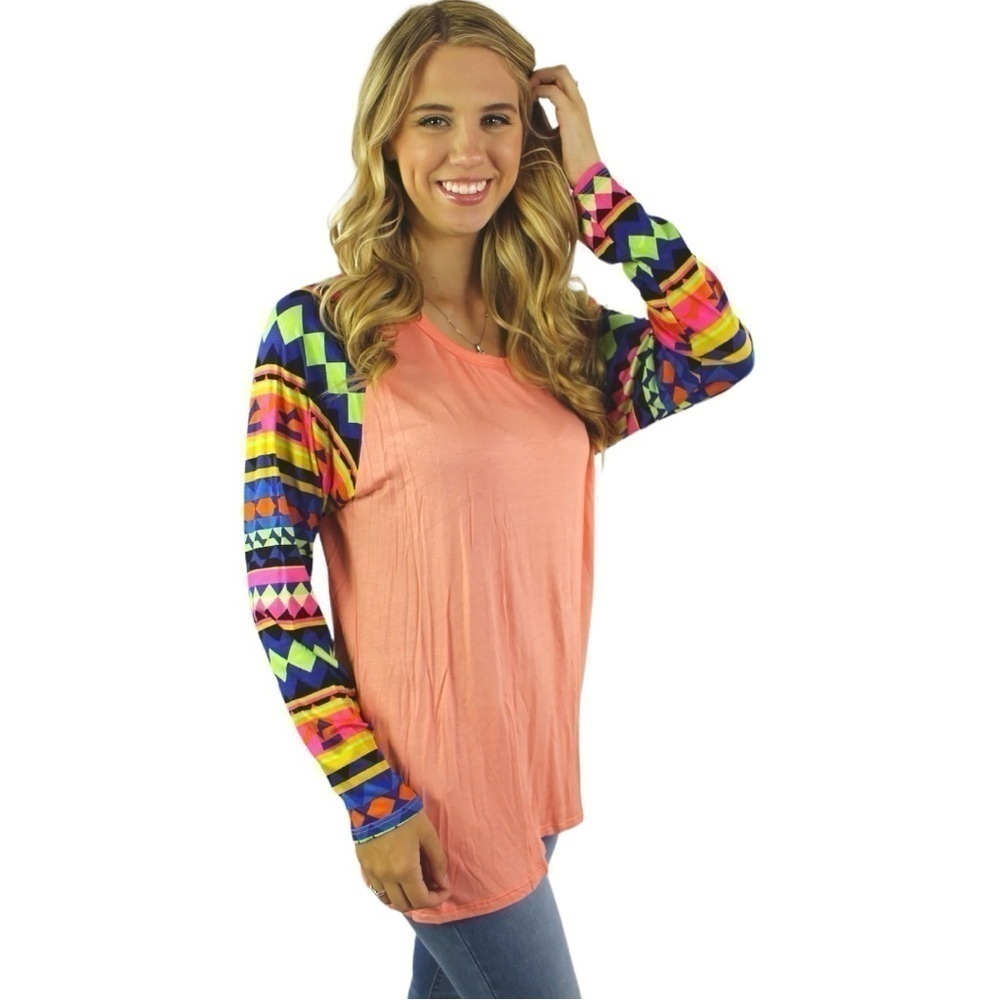 MISS 2 DAY Neon Round Neck Top in Coral with Multi-Color Printed Sleeves - Picture 3 of 5